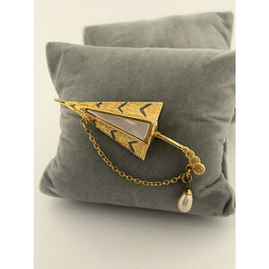 Made In Spain Umbrella Damascene Pin Brooch Faux Pearl & MoP Inlay Gold Tone